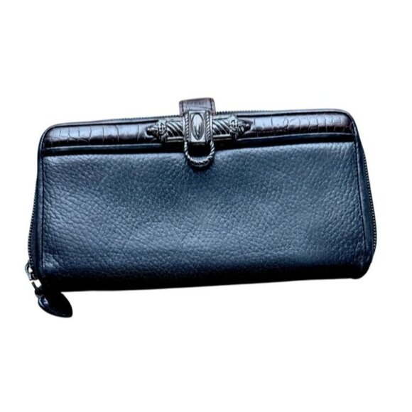 Brighton Black/Brown Pebble Leather Moc Croc Wallet With Decorative Silver-Tone - Picture 2 of 14